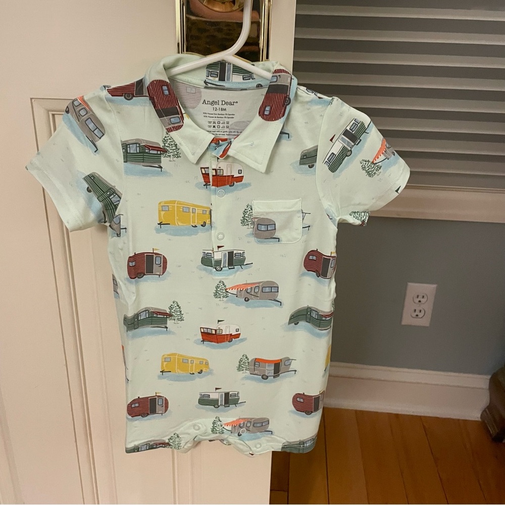 NWT Angel Dear Bamboo Camper Van Print Polo Henley Romper 12-18M
